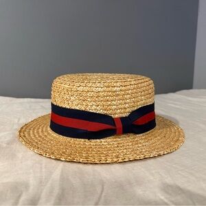 Stylish Straw Boater Hat with Navy and Red Band
